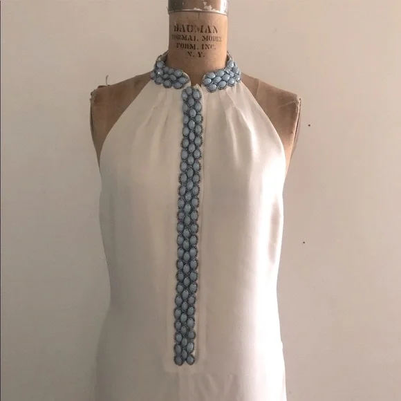 J.DOSI]Turquoise Embellishment Cream Silk Crepe Halter neck Backless Dress - Picture 9 of 16